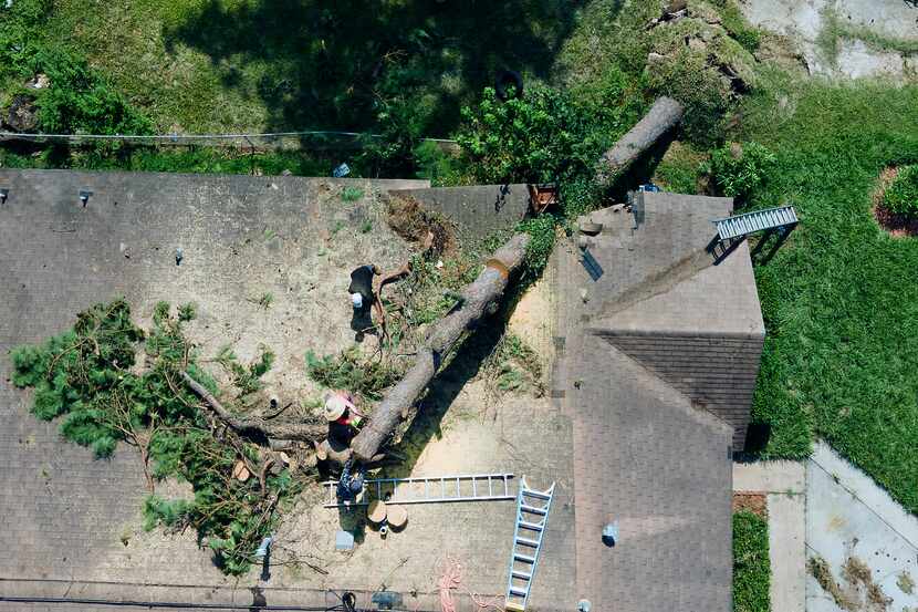 Employees of Premier Home Improvement remove a tree from the roof of a house in the...