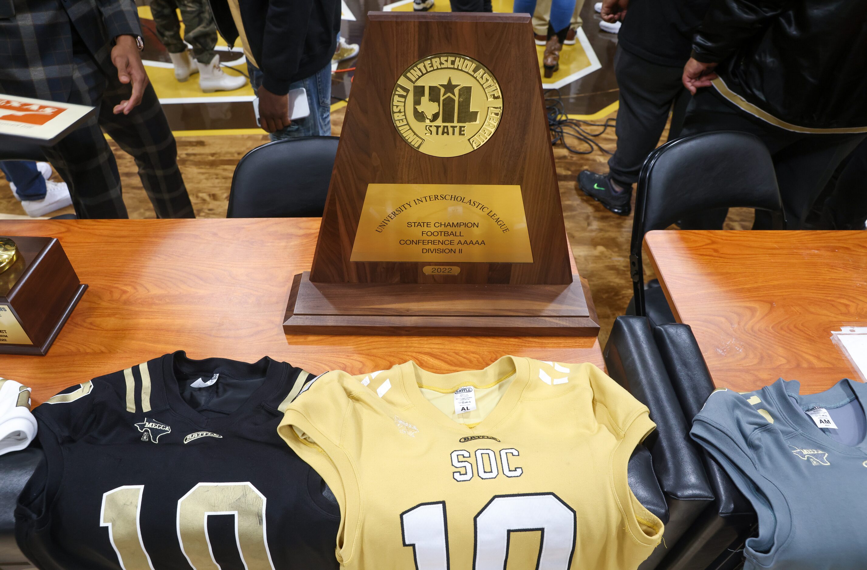 South Oak Cliff’s 2022 state championship plaque stands alongside the team’s other awards...