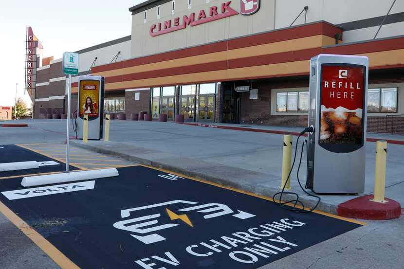 EV charging stations at Cinemark Movies 12 in Grand Prairie, Texas. (Irwin Thompson/The...
