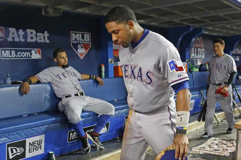Texas Rangers Rougned Odor, left, Elvis Andrus,center, and Shin-Soo Choo are pictured in the...