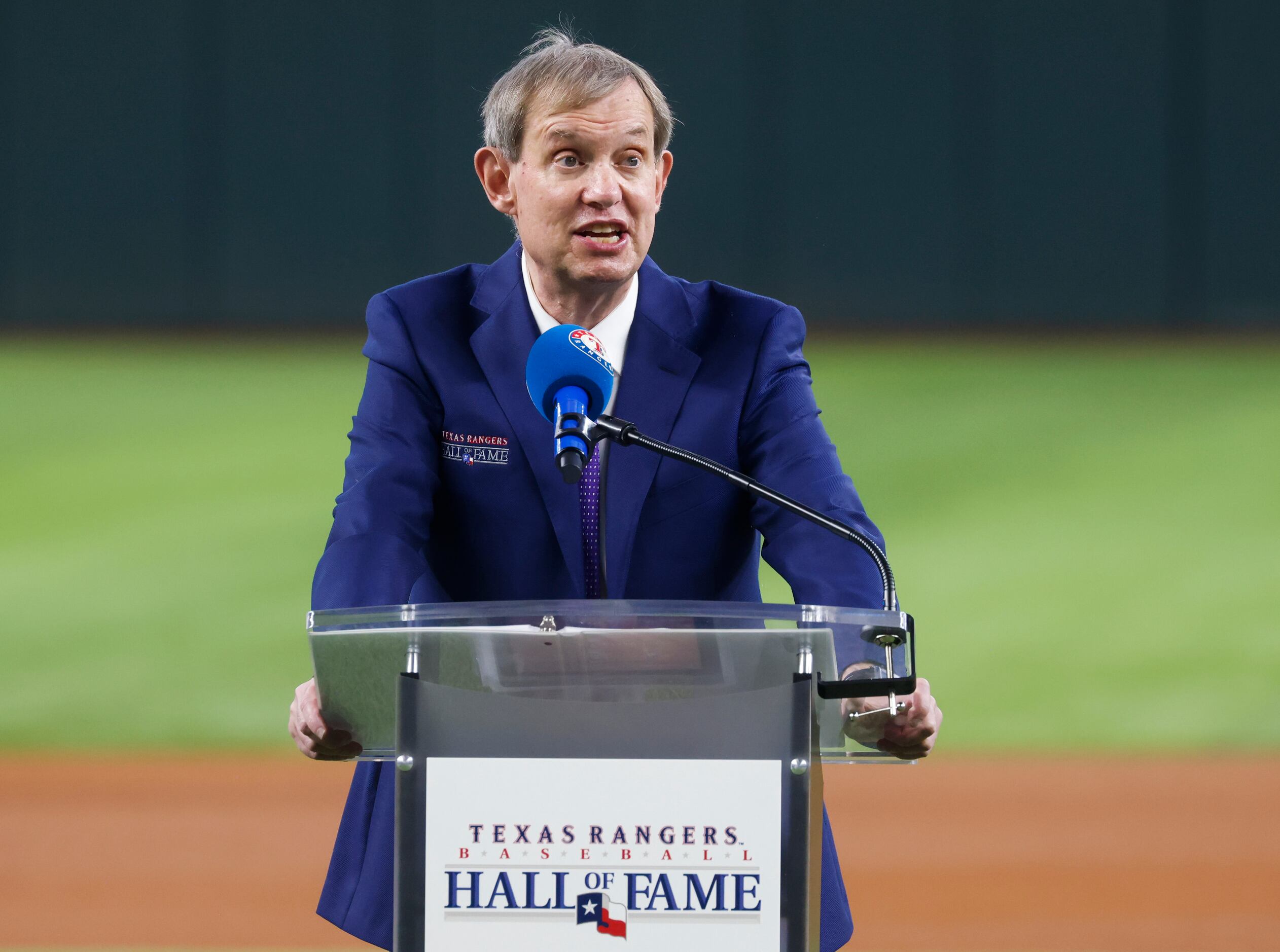 Texas Rangers Executive VP of Public Affairs John Blake delivers his Texas Rangers Baseball...