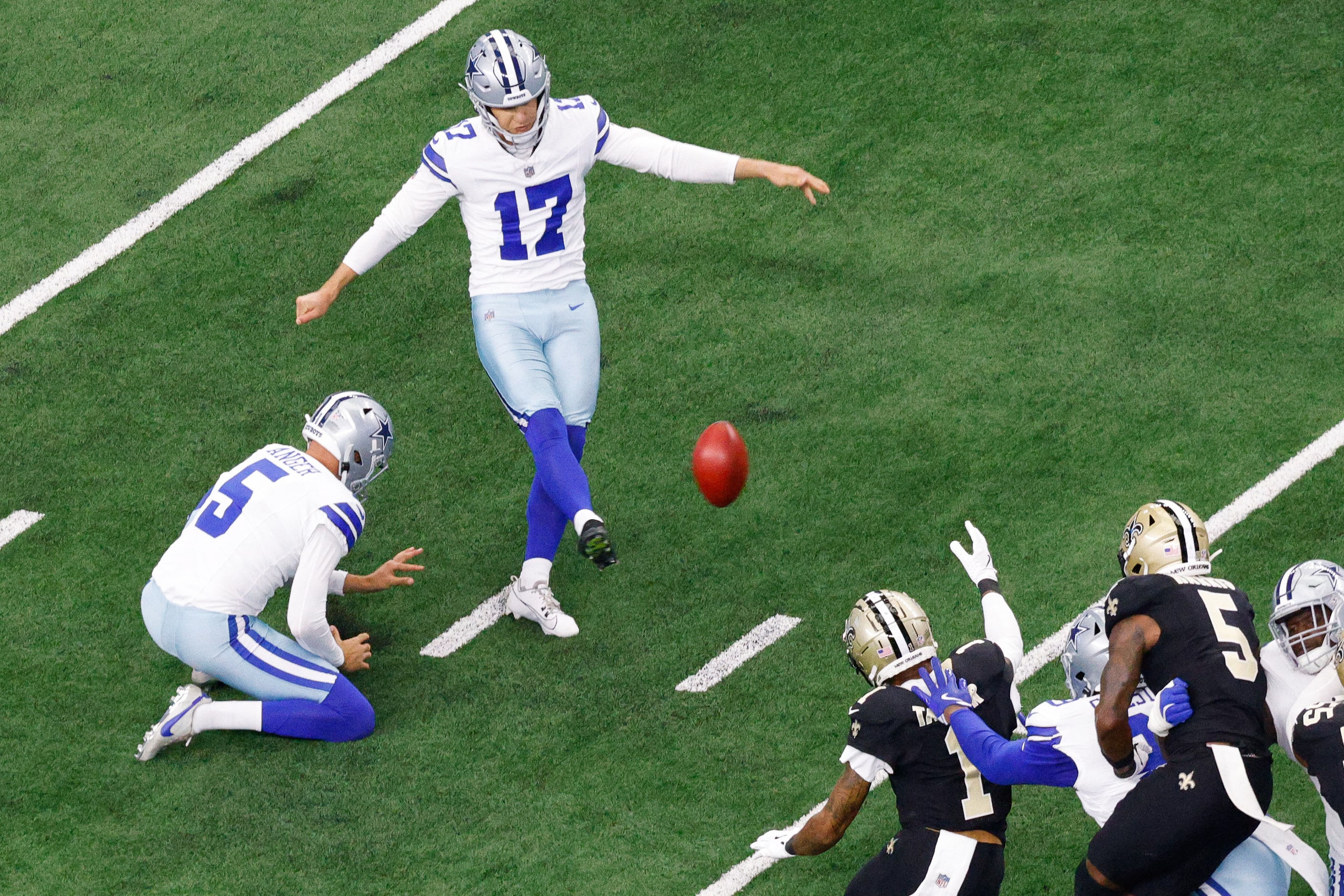 Dallas Cowboys place kicker Brandon Aubrey (17) kicks a field goal against  New Orleans...