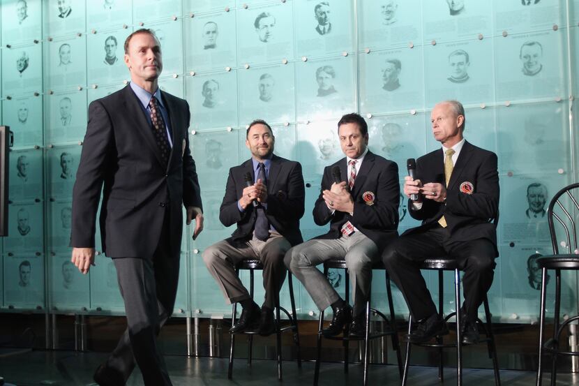 Hall of Fame inductee Joe Nieuwendyk walks on to the stage for his Hall of Fame ring during...