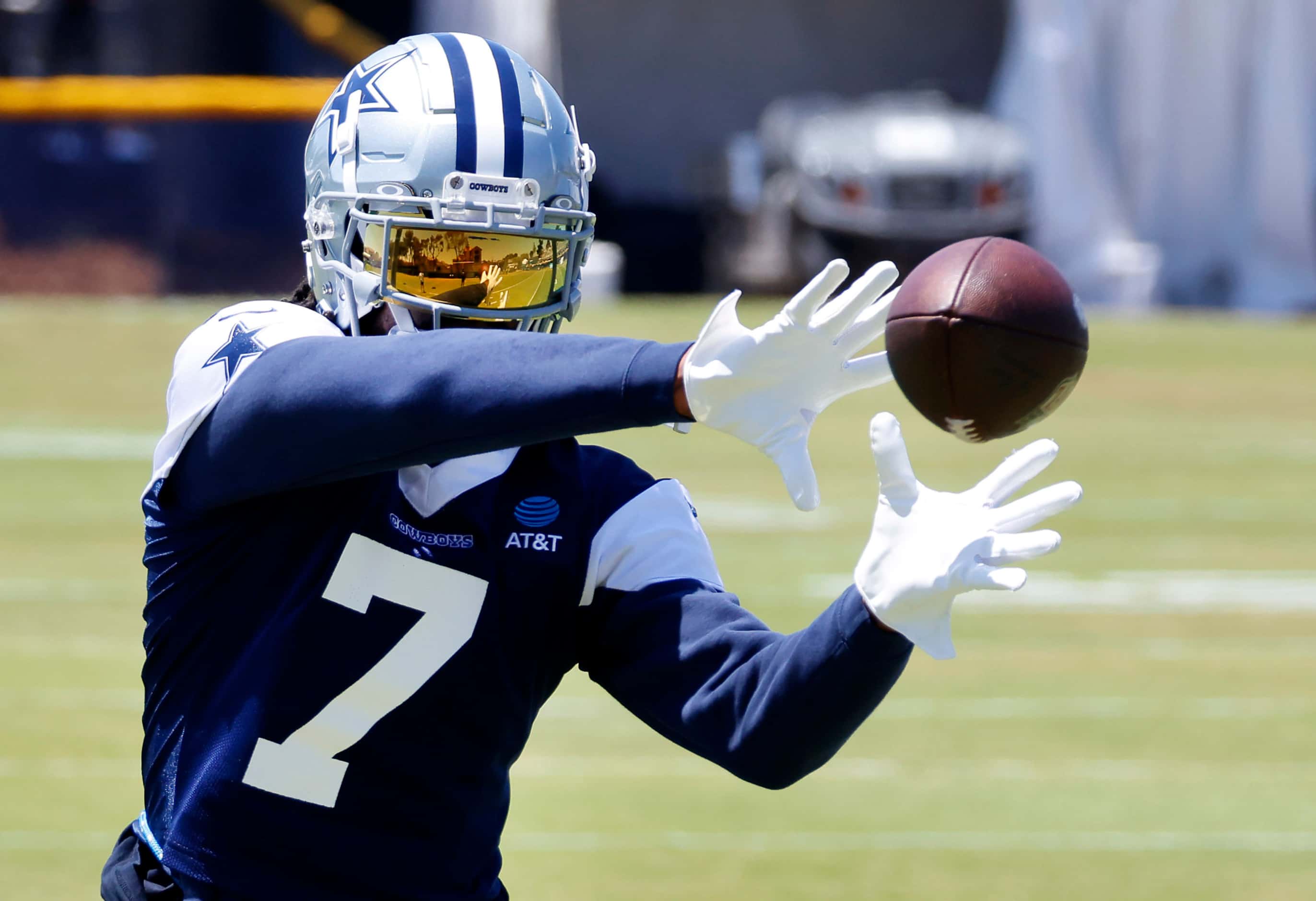 Dallas Cowboys cornerback Trevon Diggs (7) works out on a side field as he still recovering...