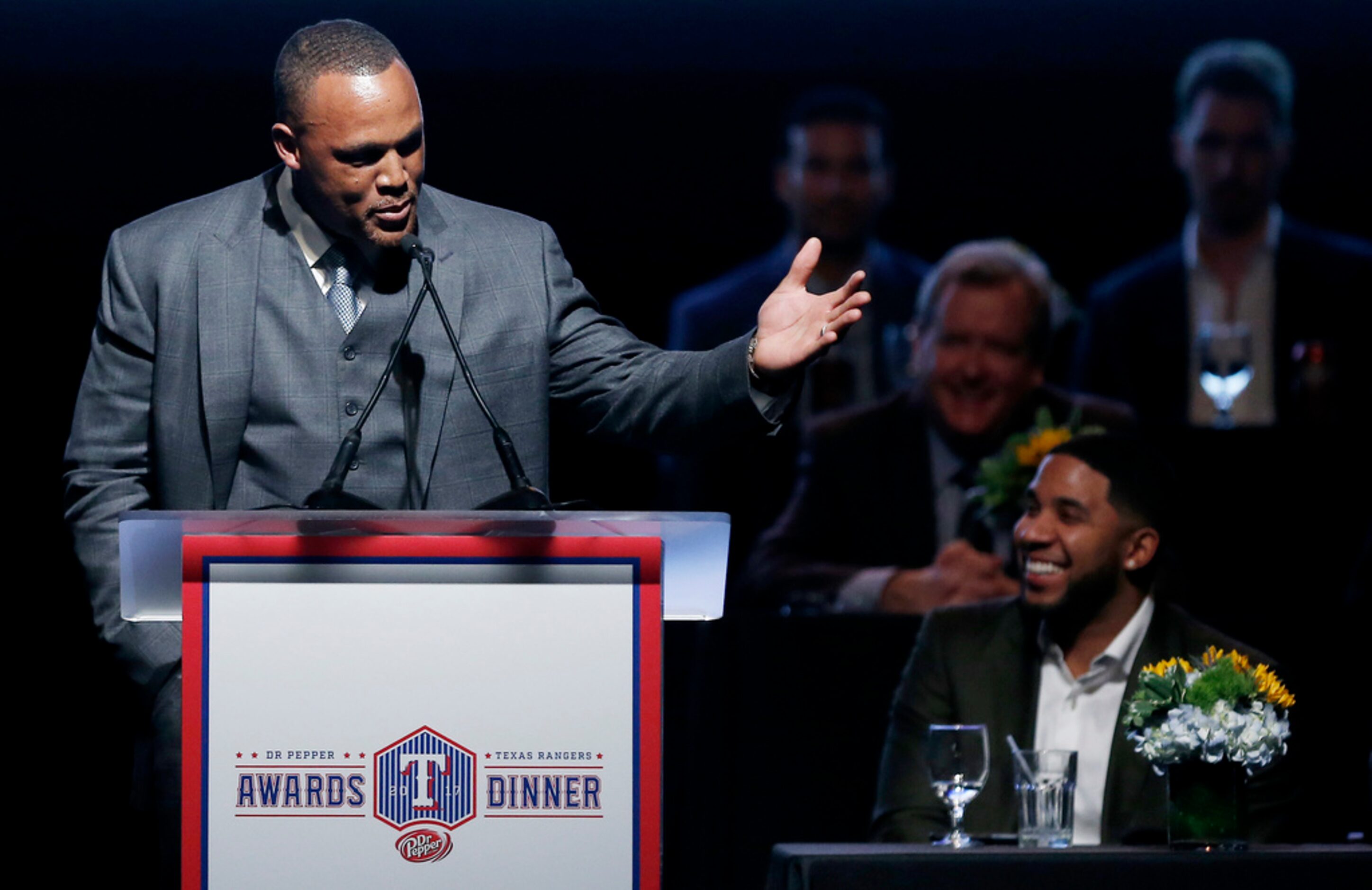 Texas Rangers third baseman Adrian Beltre, left, speaks about being named the team's 2016...