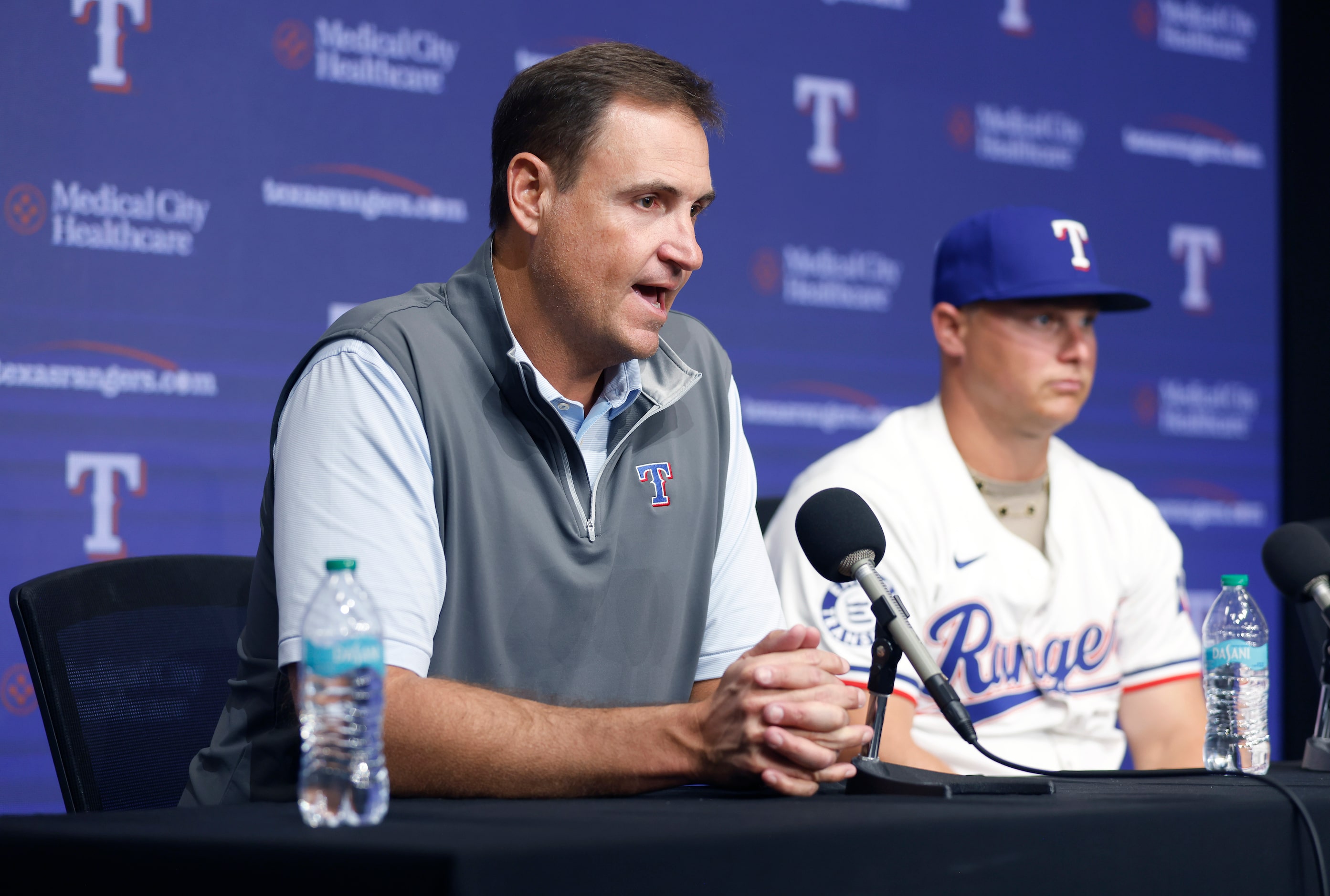 Rangers President of Baseball Operations Chris Young (left) speaks about new Texas Rangers...