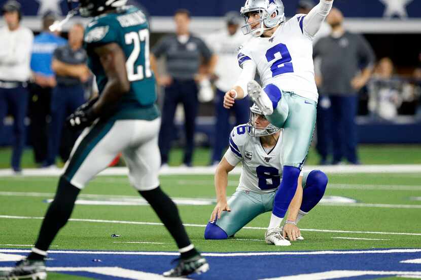 Dallas Cowboys kicker Brett Maher (2) follows through on his 63-yard field goal against the...