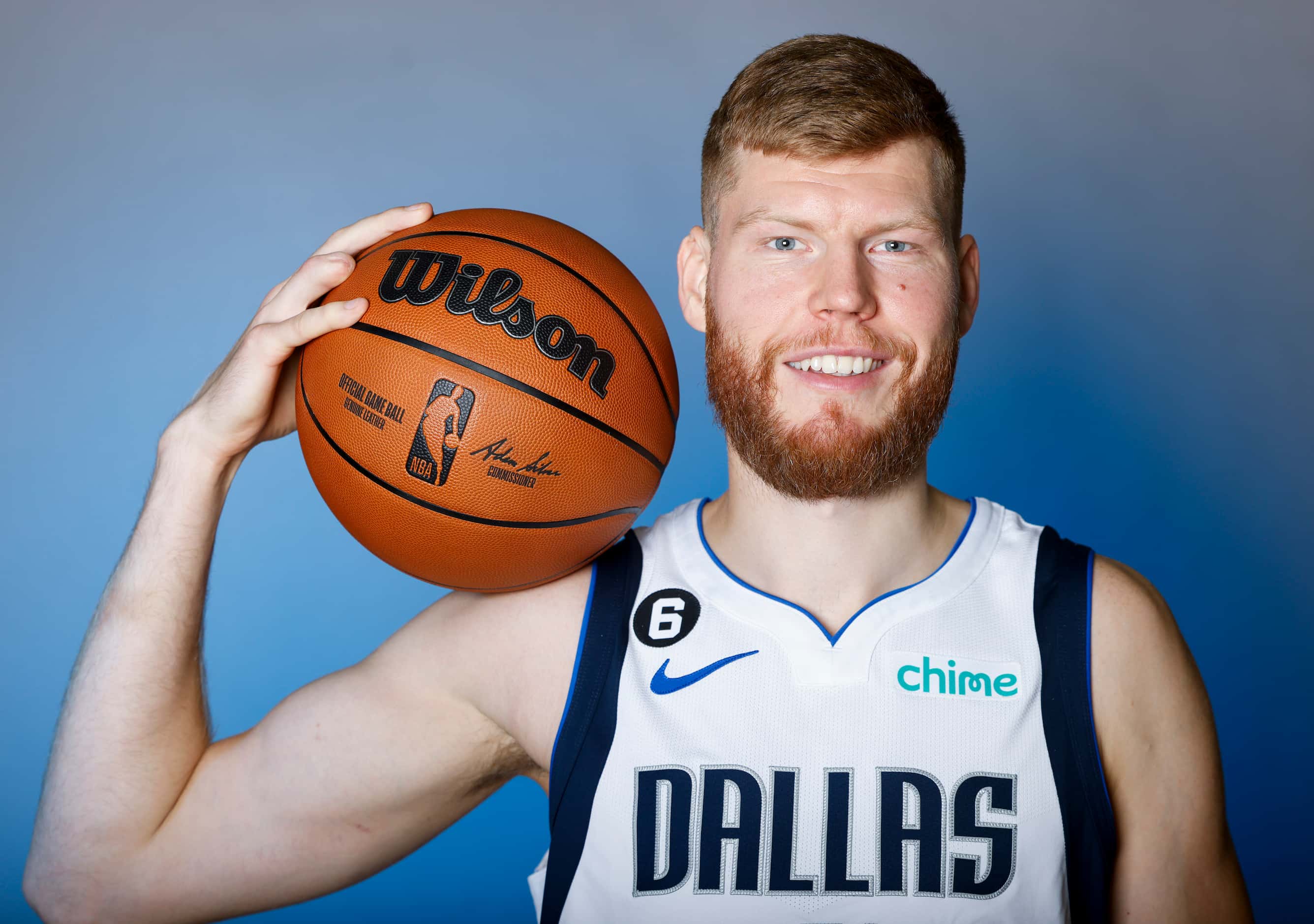 Dallas Mavericks’ Davis Bertans is photographed during the media day at American Airlines...