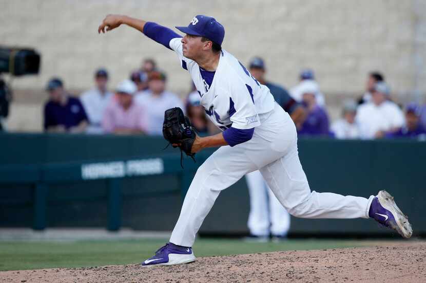 TCU pitcher Sean Wymer (26) throws against Missouri State in the eighth inning of the NCAA...