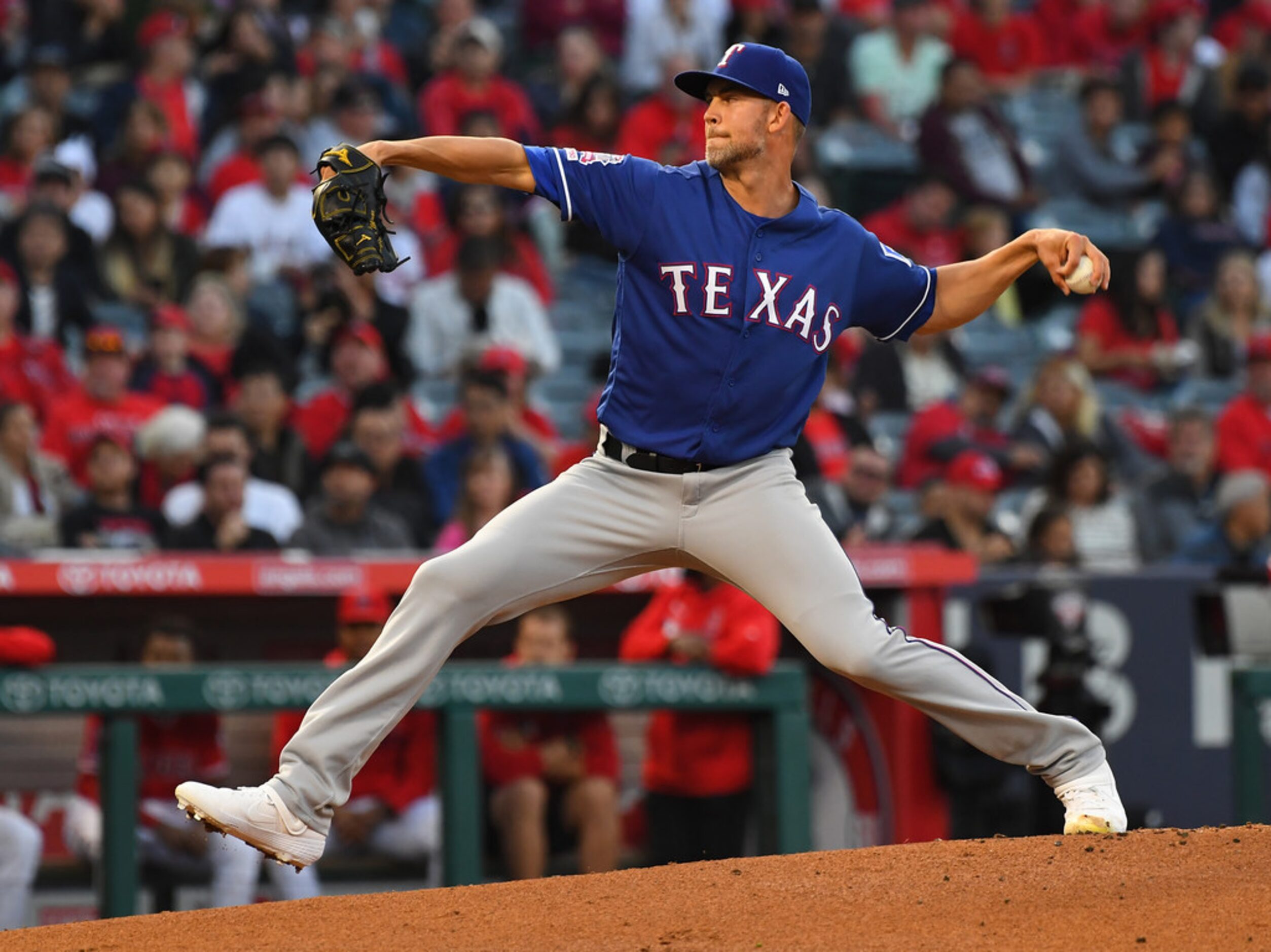 ANAHEIM, CA - MAY 25: Mike Minor #23 of the Texas Rangers pitches in the first inning of the...