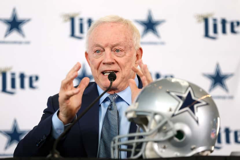 Dallas Cowboys owner and general manager Jerry Jones speaks during a press conference...