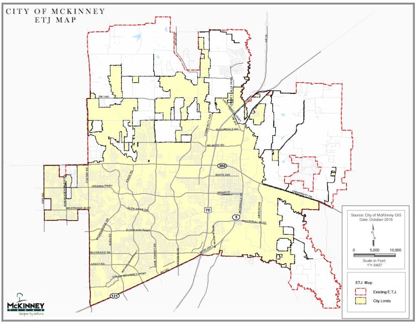 This city of McKinney map from October 2016 shows the city limits shaded in yellow as well...
