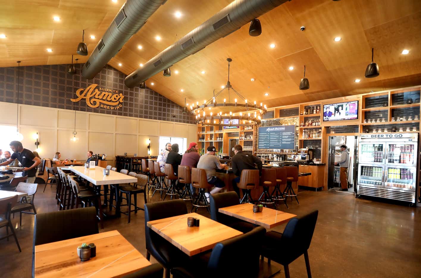 The dining room and bar at Armor Brewing Company in Allen, Texas, Thursday, October 19,...