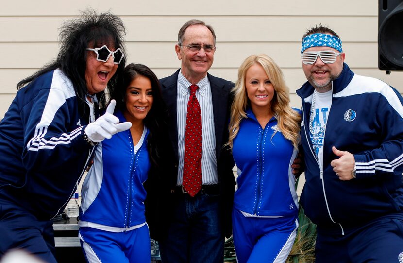  (From left) Mavs Maniaac Samuel "Rock" Procell, Dallas Mavericks dancer Emily Morales, 2015...