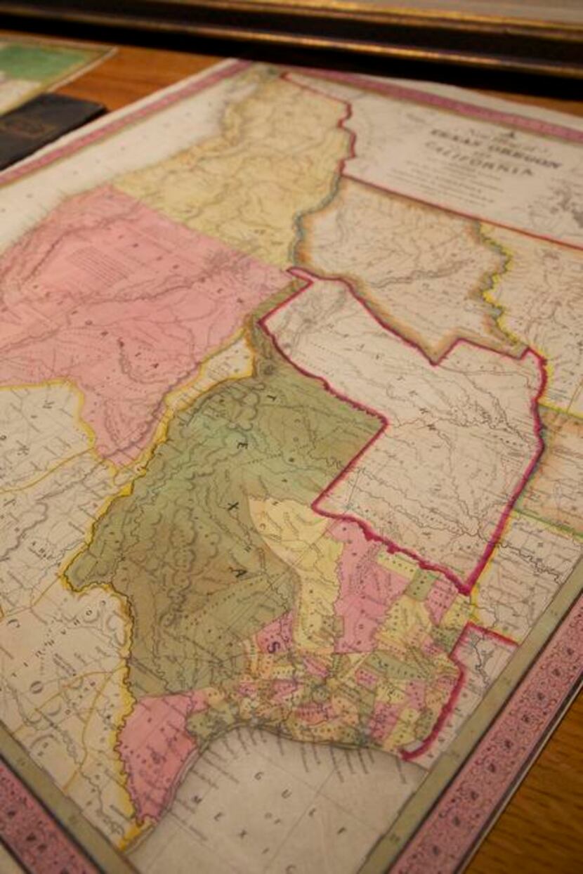 
A map of Texas, Oregon, California and adjoining regions from 1846 at Beaux Arts in Dallas.
