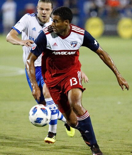 FC Dallas forward Tesho Akindele (13) controls the soccer ball in front of Montreal Impact...