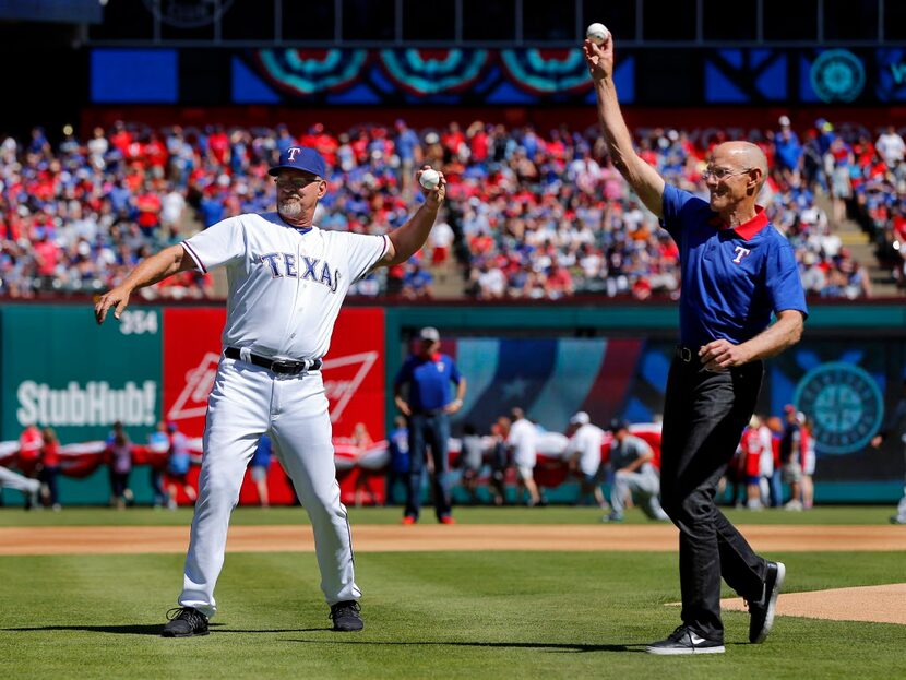 Longtime Texas Rangers broadcaster Tom Grieve (right) and Texas Rangers coach Bobby Jones,...