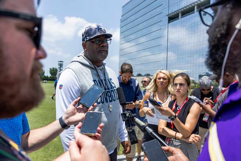 Dallas Cowboys Assistant Head Coach Rob Davis speaks to the media about hosting their first...