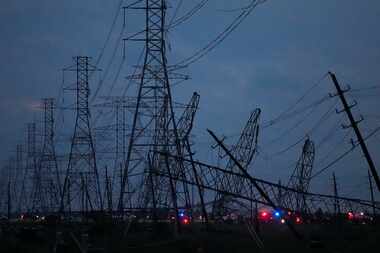Transmission power lines are down near the Grand Parkway and West Road after a storm...