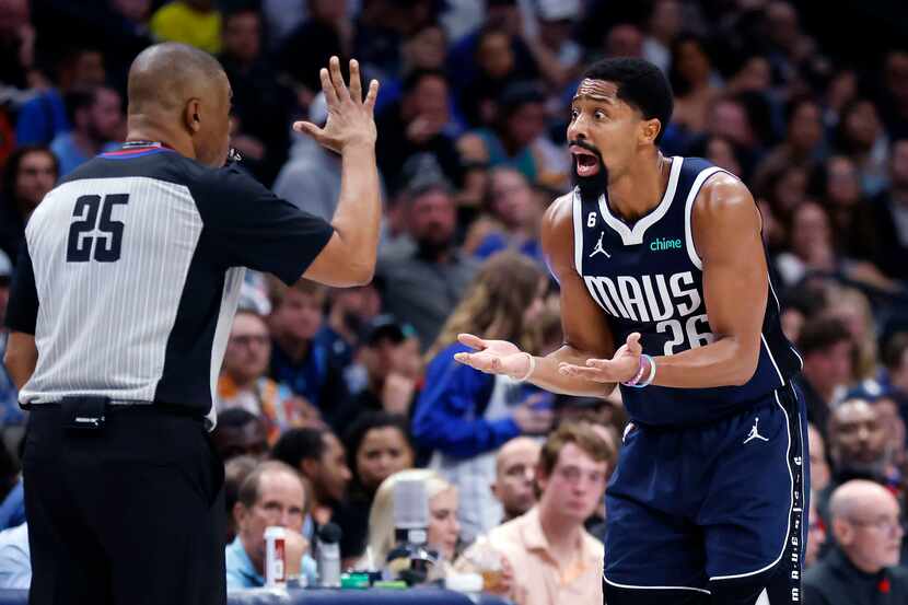 Dallas Mavericks guard Spencer Dinwiddie (26) receives a technical foul from referee Tony...