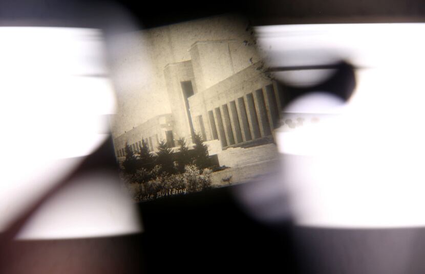 A photo of the Hall of State as seen through a vintage viewfinder.