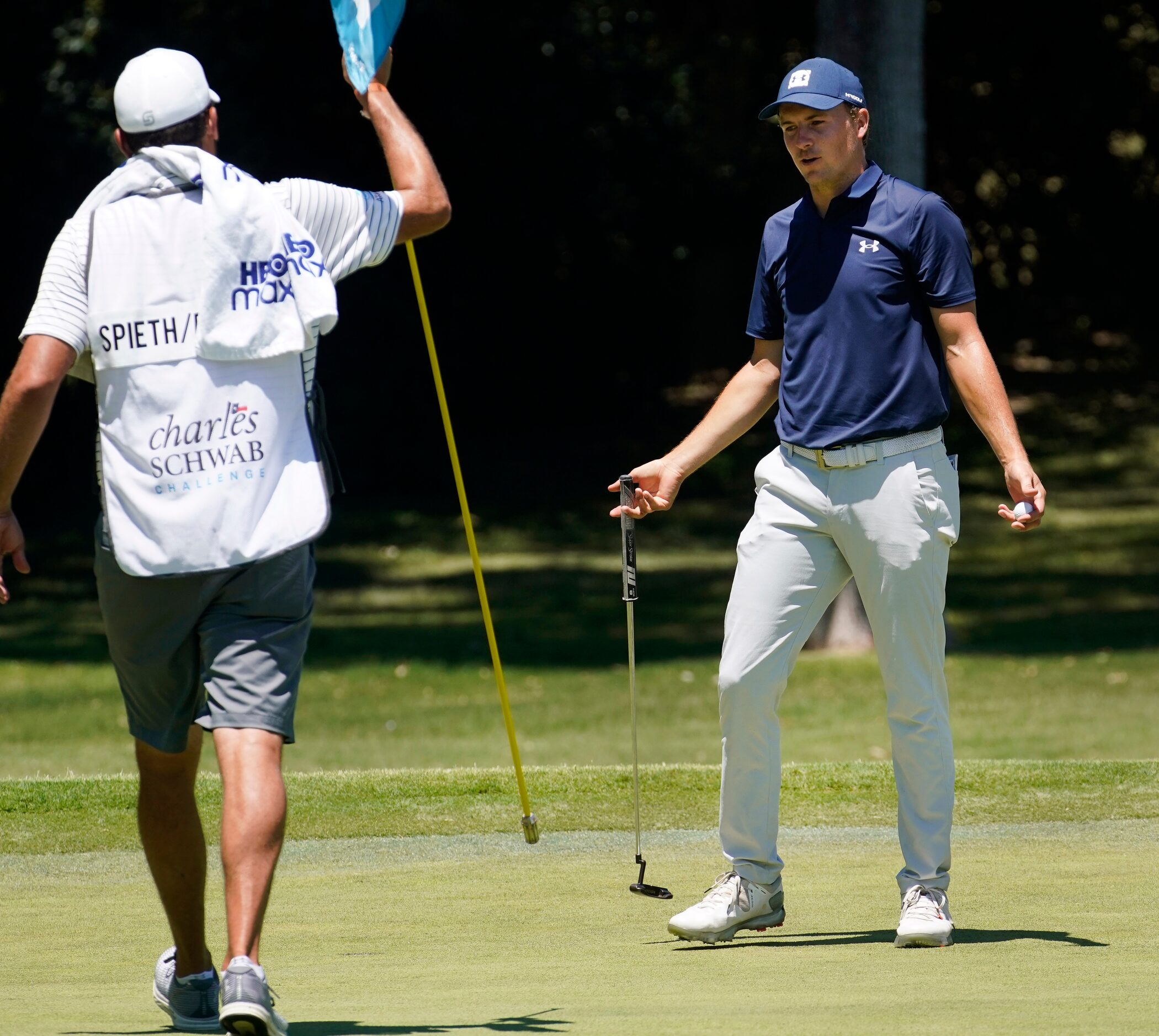 PGA Tour golfer Jordan Spieth reacts after his bogey on the par-3, No. 8 during the final...