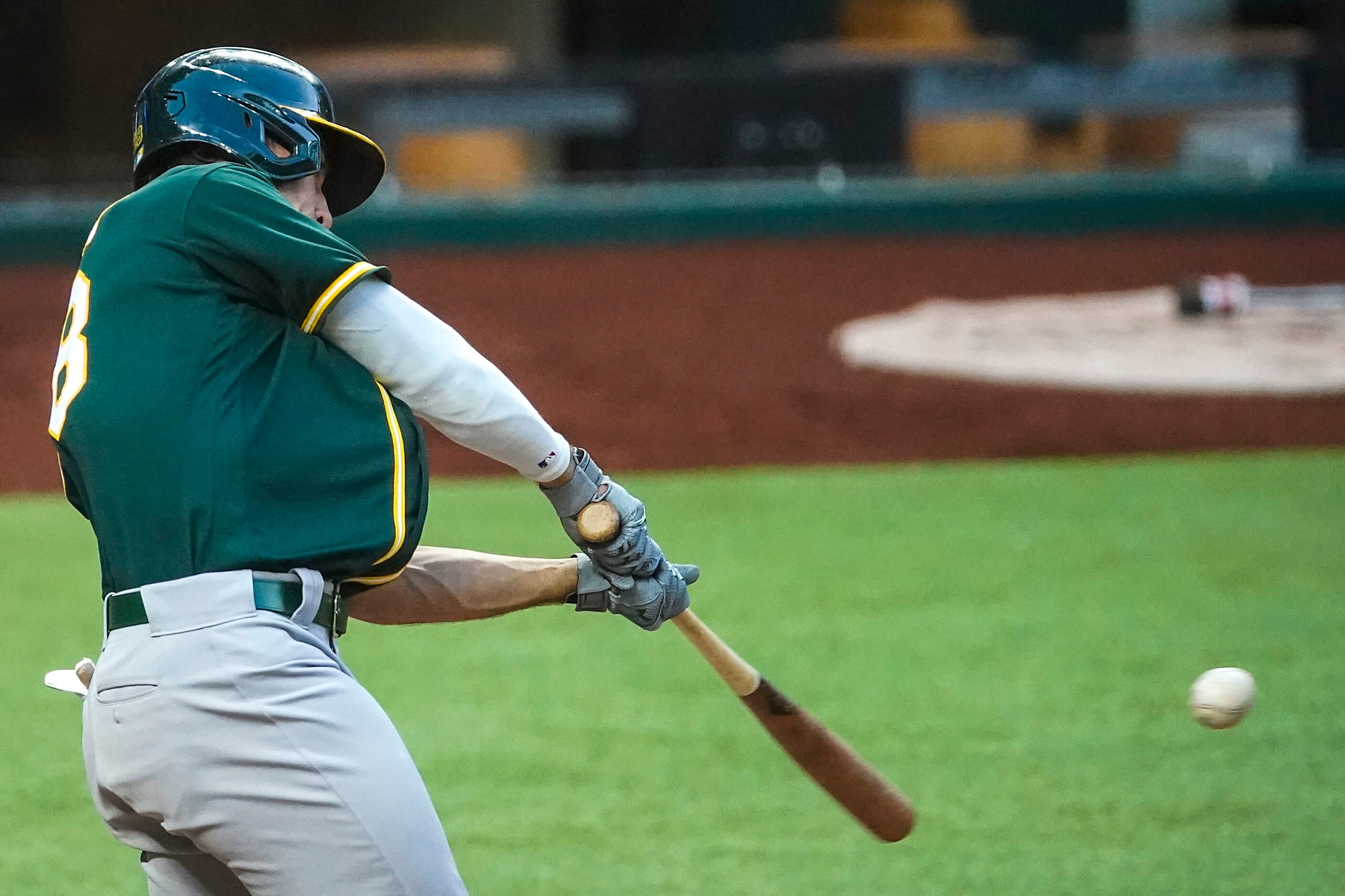 Oakland Athletics first baseman Matt Olson hits a grand slam home run during the first...