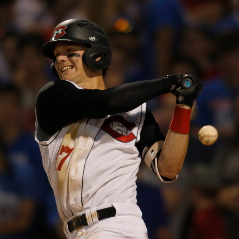 Colleyville Heritage shortstop Bobby Witt Jr. (17) is unable to make contact resulting in an...