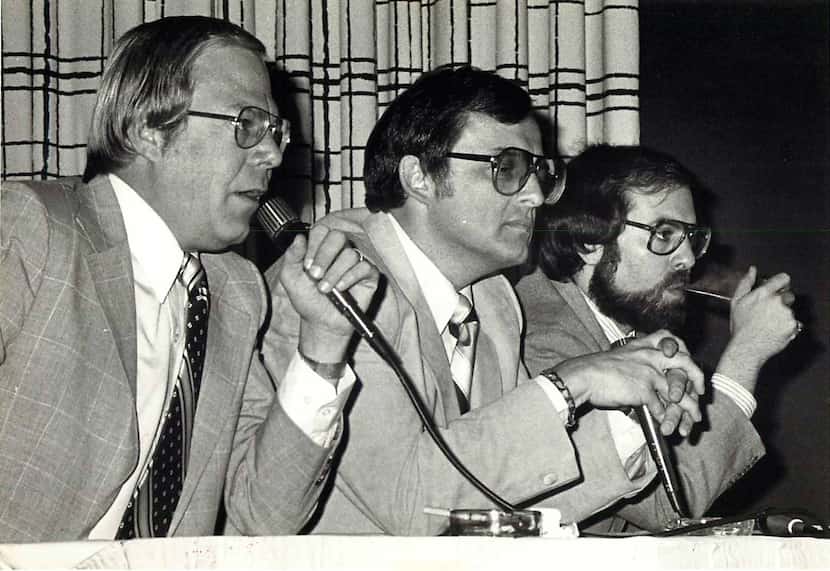 Verne Lundquist (farleft), Frank Glieber and Brad Sham (right) discuss broadcast sports at a...