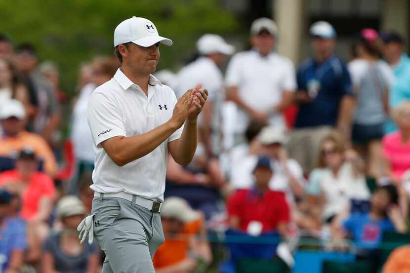 Jun 7, 2015; Dublin, OH, USA; Jordan Spieth reacts after a birdie on the eighteenth hole...