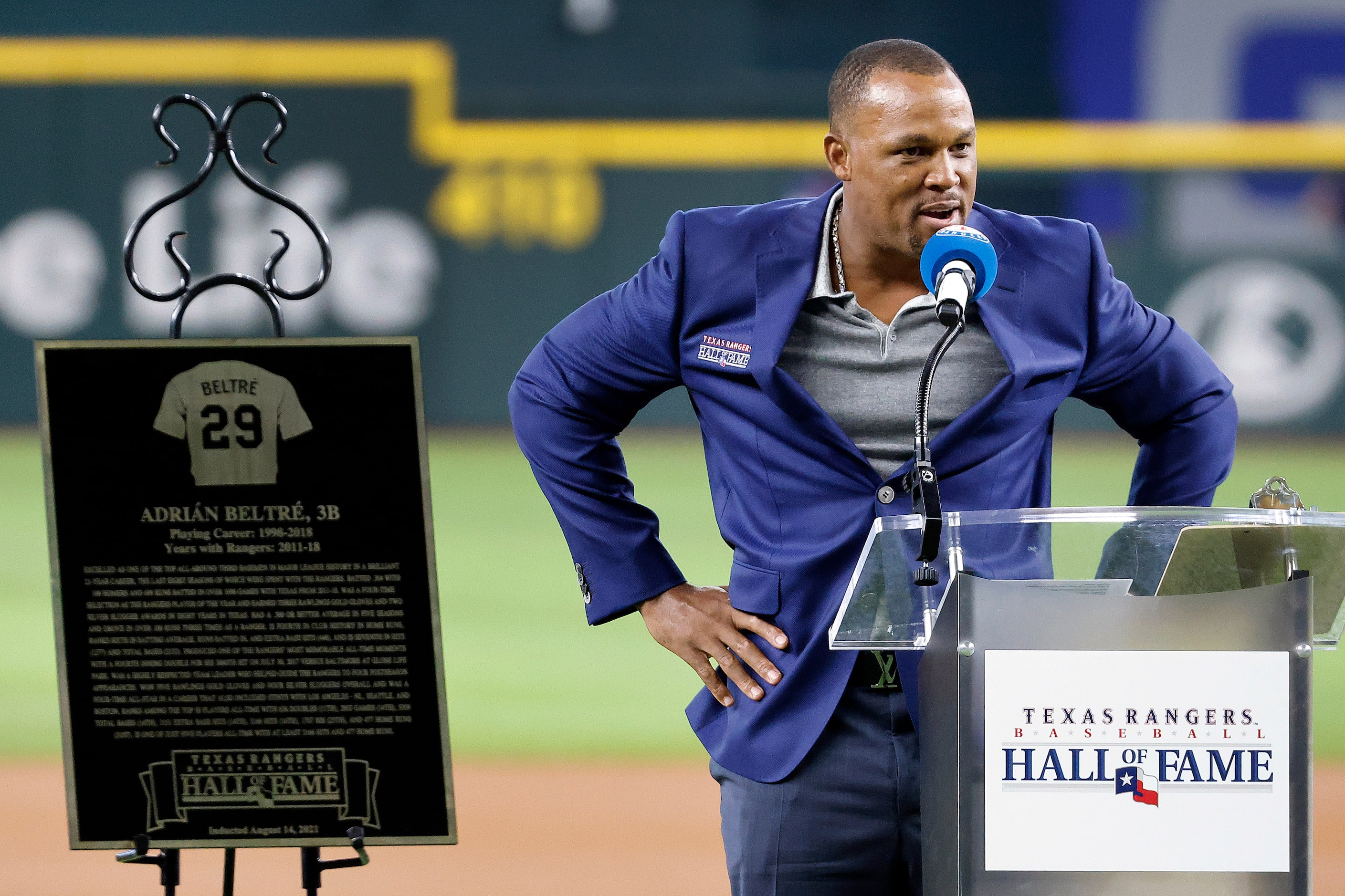 Former Texas Rangers third baseman Adrian Beltre delivers his Texas Rangers Baseball Hall of...