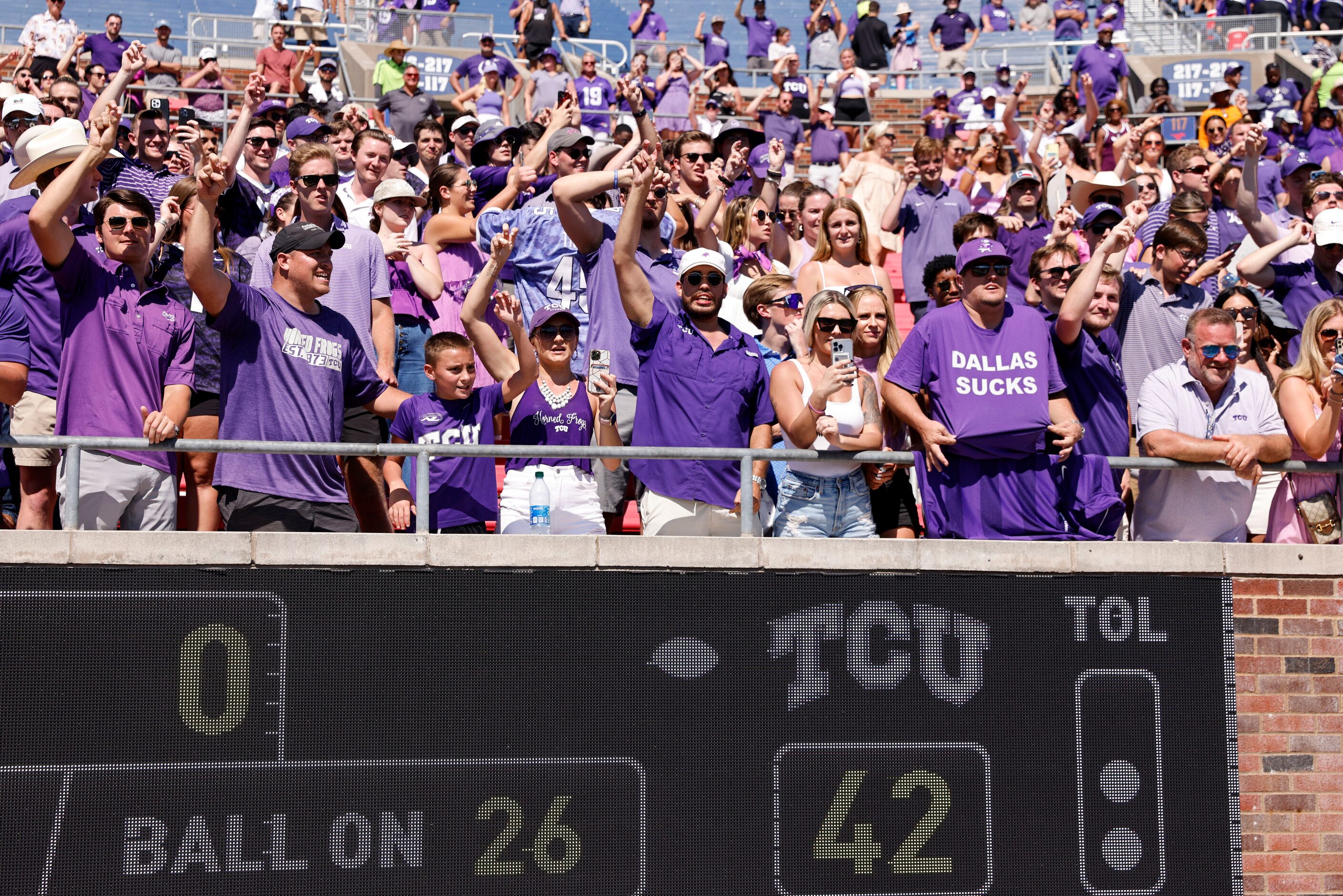 TCU fans celebrate a win at Ford Stadium, Saturday, Sept. 24, 2022 in University Park,...