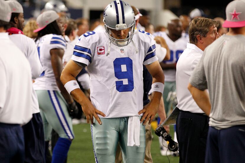 Dallas Cowboys quarterback Tony Romo (9) on the sidelines in the fourth quarter of a game...