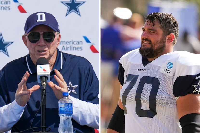 Dallas Cowboys owner Jerry Jones (left) and right guard Zack Martin (right). Photos from The...
