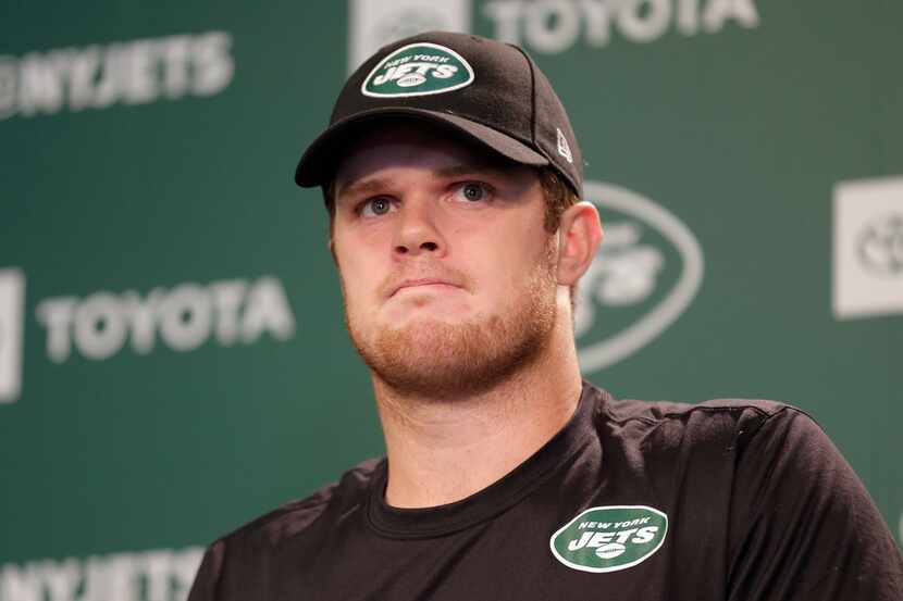 FILE - In this May 23, 2019, file photo, New York Jets quarterback Sam Darnold speaks to...