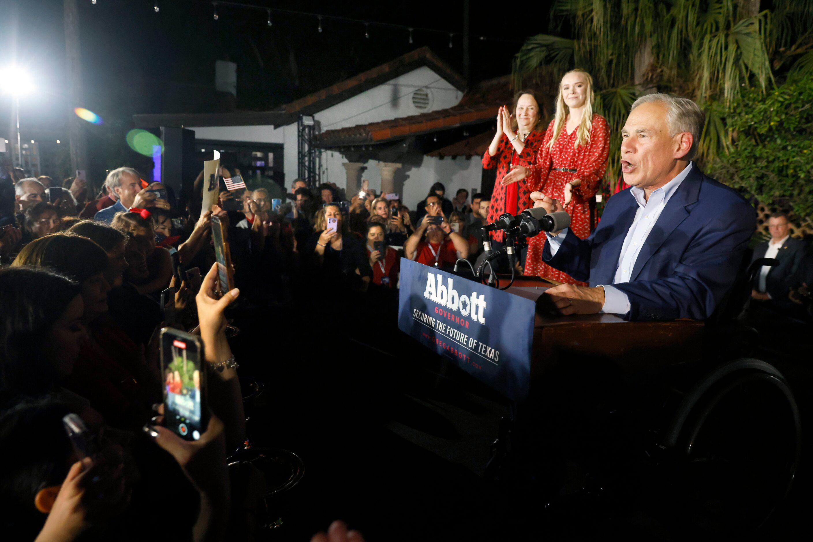 Joined by his daughter Audrey Abbott and wife Cecilia Abbott, Texas Governor Greg Abbott...