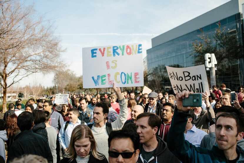 At Google's California headquarters, protesters marched Monday against President Donald...
