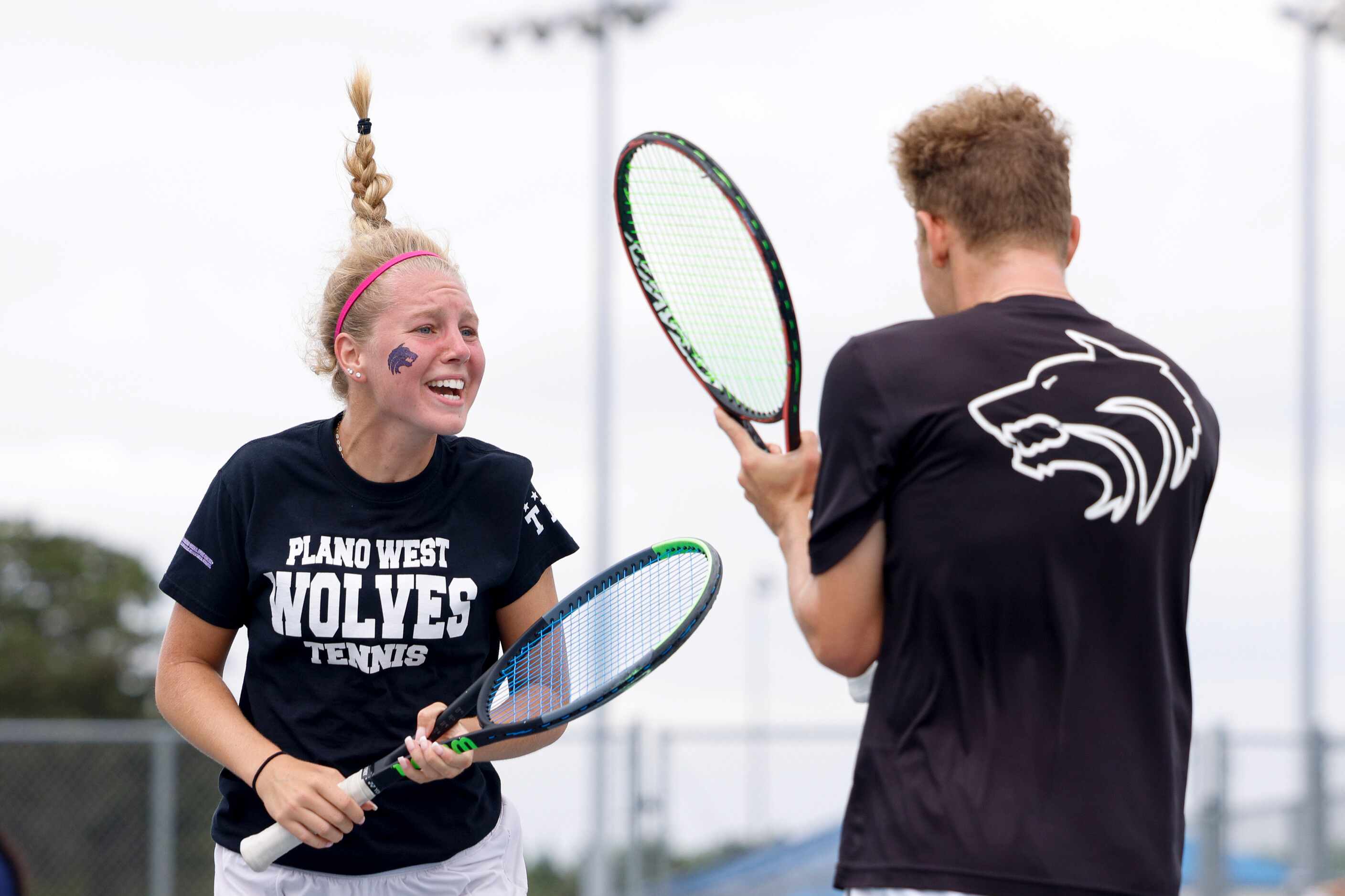 Plano West’s Summer Shannon (left) and Dmitri Goubin celebrate after winning the 6A mixed...