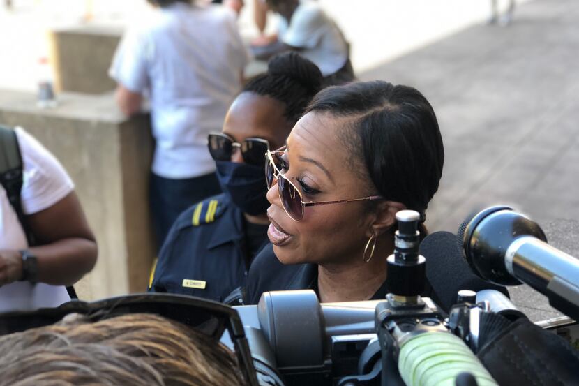 Dallas Police Chief U. Reneé Hall speaks during a protest Sunday afternoon outside City Hall.