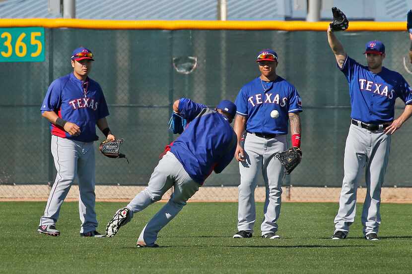 Texs outfielders, including Shin-Soo Choo, Michael Choice, engel Beltre and Mitch Moreland...