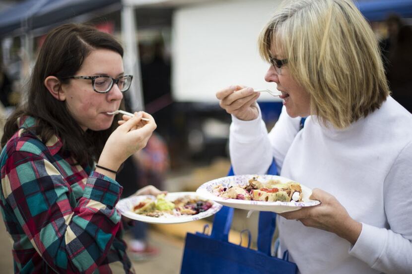 Allyson and Sandi Schaefers sample pies during Good Local Market's seventh annual Battle of...