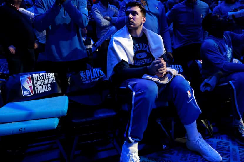 Dallas Mavericks guard Luka Doncic (77) waits to be introduced before Game 3 of the NBA...