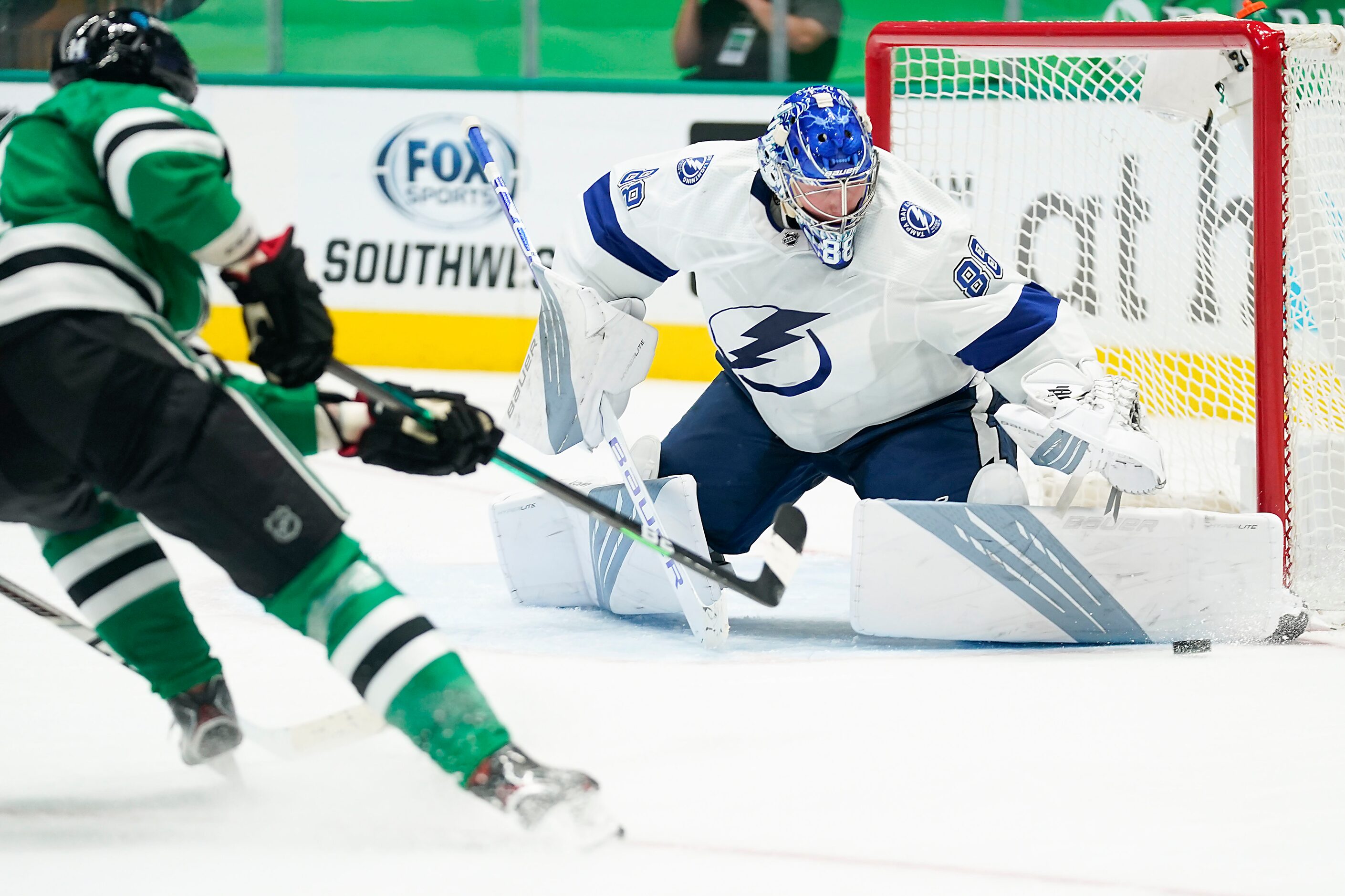 Tampa Bay Lightning goaltender Andrei Vasilevskiy (88) makes a save on a shot by Dallas...