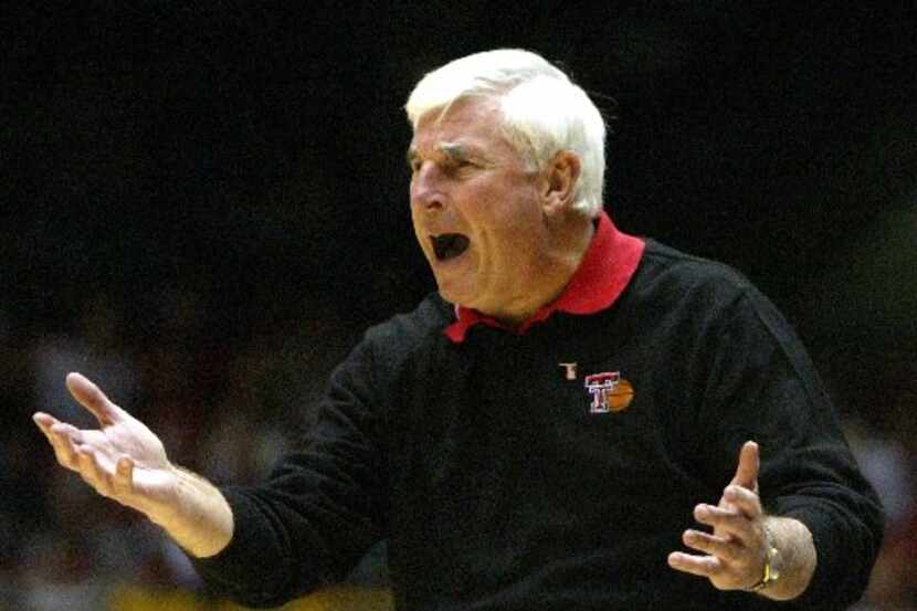 Texas Tech basketball coach Bobby Knight reacts to a call during the second half of their...