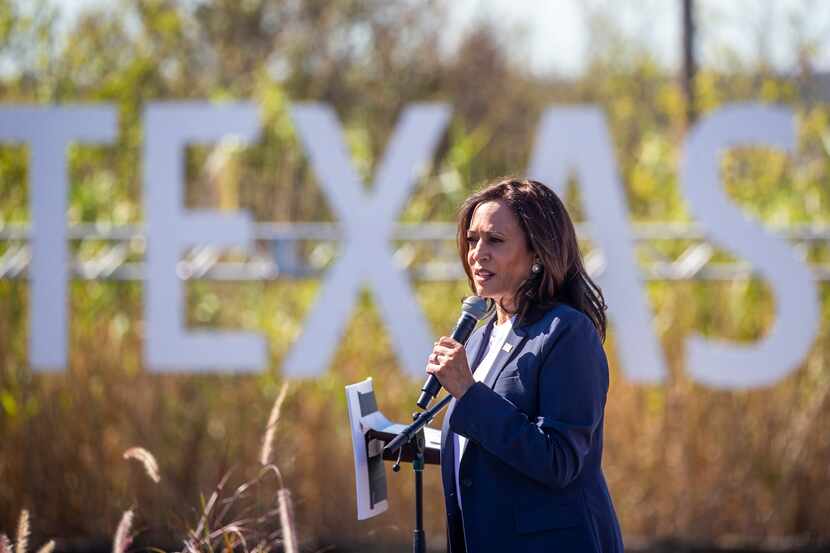 Democratic Party vice presidential nominee Kamala Harris speaks during a campaign event held...