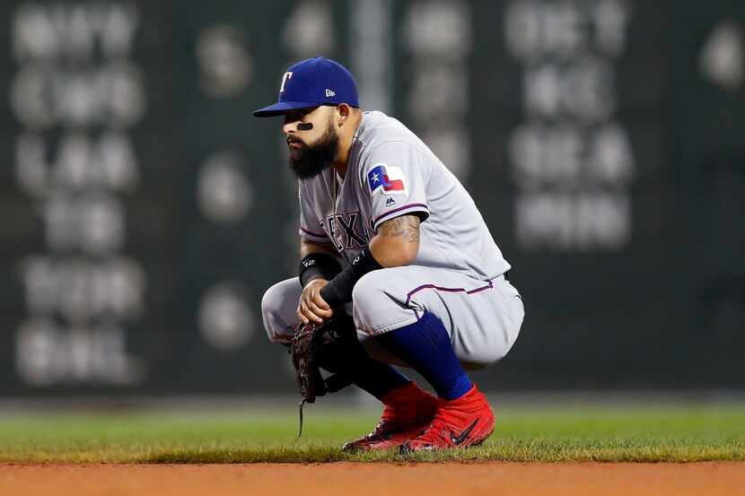 Texas Rangers' Rougned Odor waits between pitches during the sixth inning of a baseball game...
