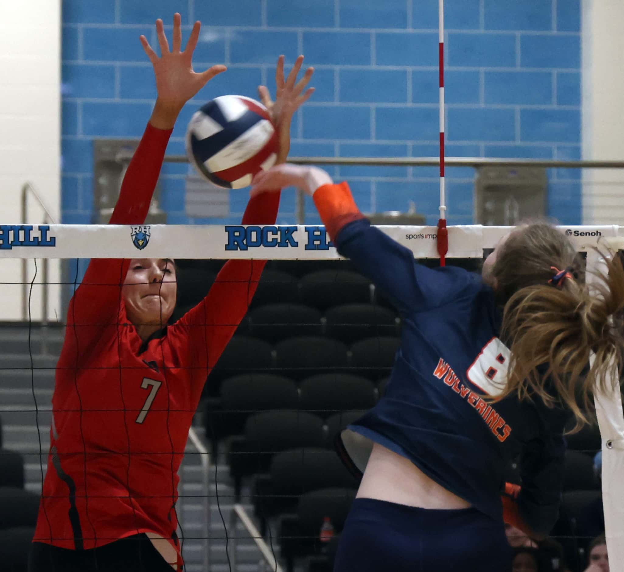 Frisco Liberty's MJ McCurdy (7), left, works to defend against a shot by Frisco Wakeland's...