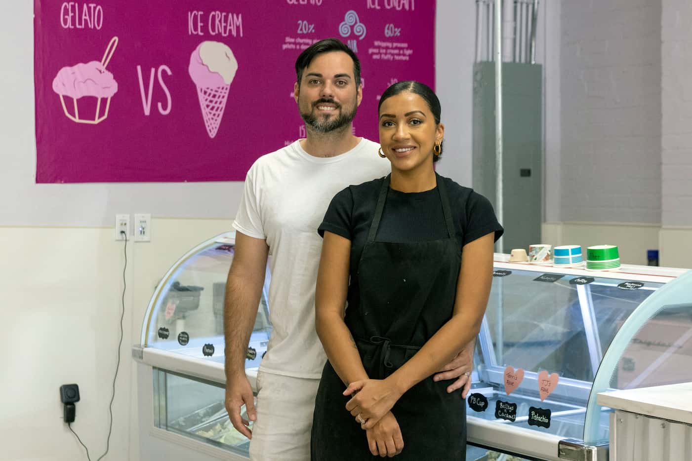 Owners TJ Reilly (left) and Ashley Reilly stand together at Terri’s Gelato Cafe on...