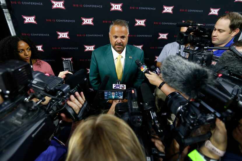 Baylor head football coach Matt Rhule talks with the media during Big 12 Media Days at Ford...