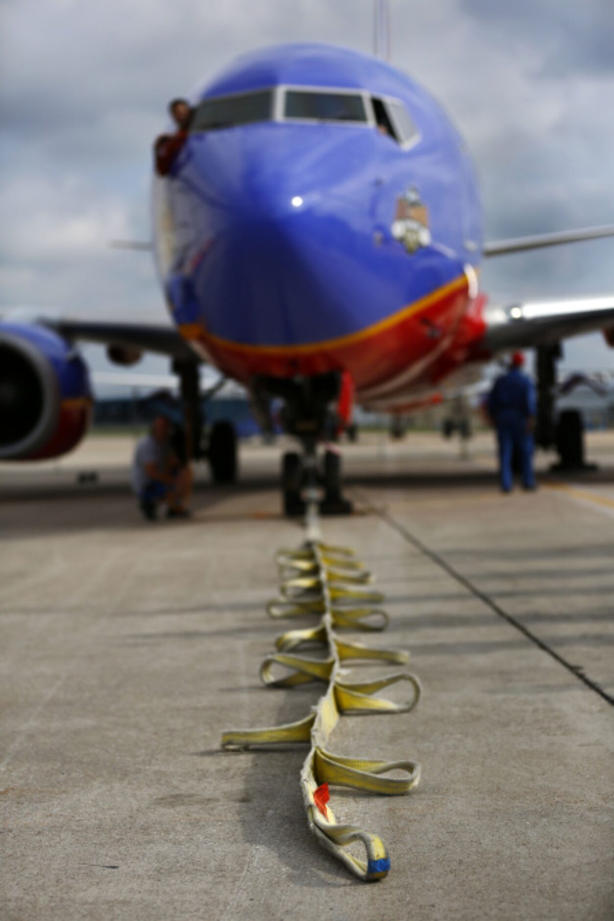 The tug-of-war belt is laid out on the ground for the annual Southwest Airlines Pigskin...